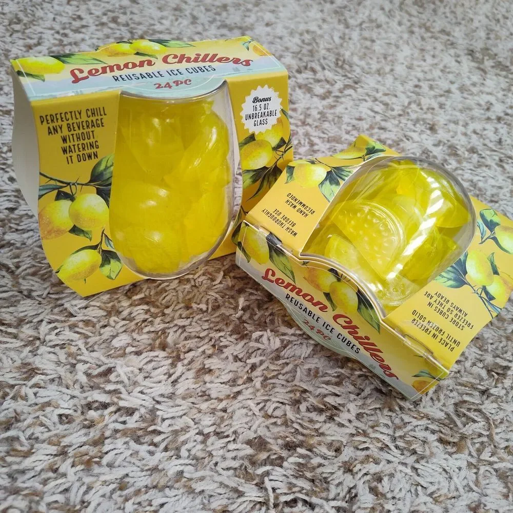 Reusable Ice Cubes Drink Chillers 24 Piece‎ Lemons with 16oz Unbreakable Glasses